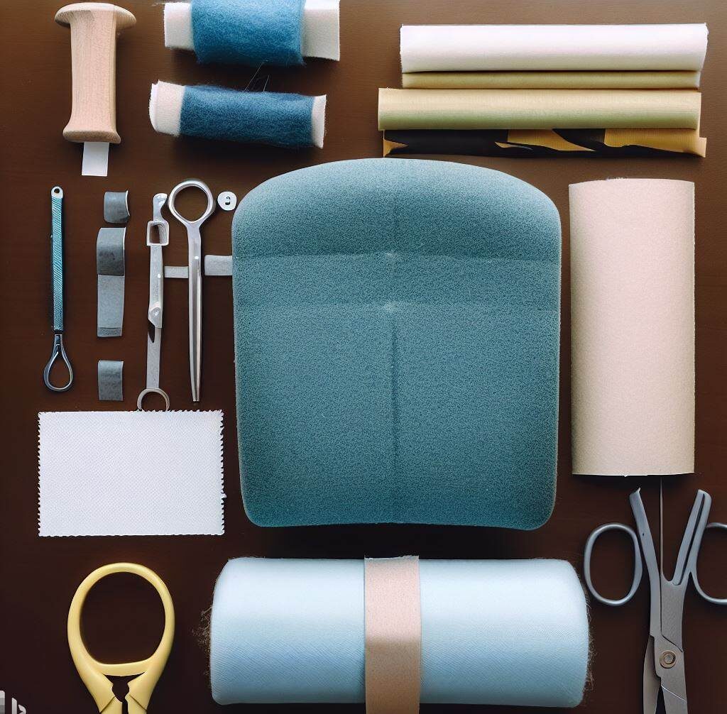 Tll the tools and materials needed for reupholstering a chair seat.