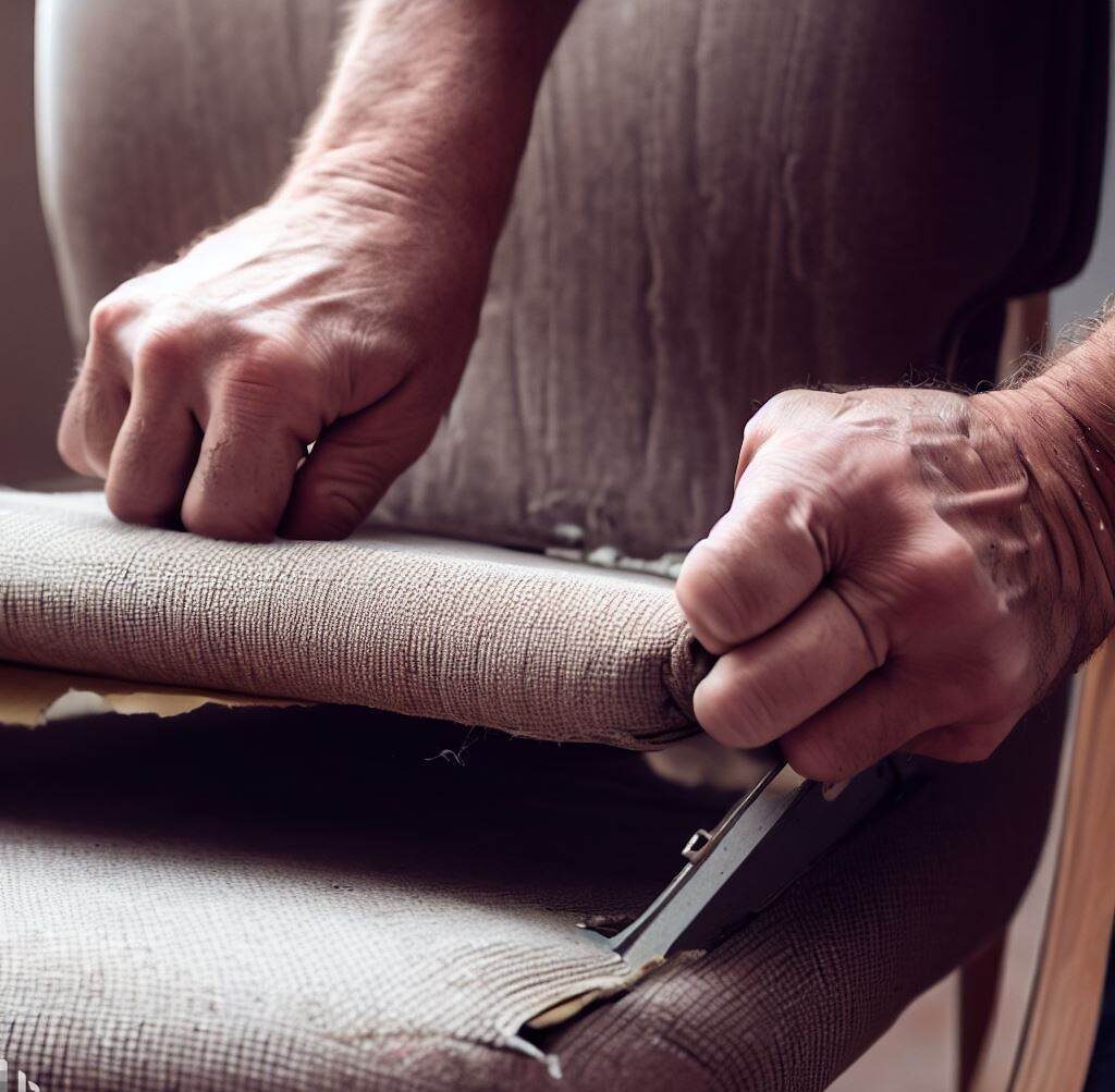 Showing the first step of the process - removing the seat cushion from the chair frame for reupholstering