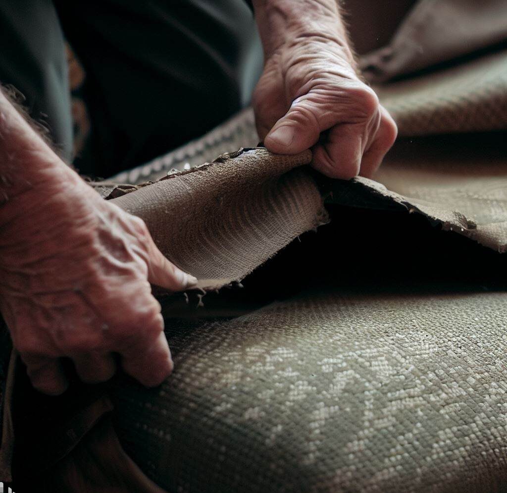 The old fabric being removed from the seat cushion.