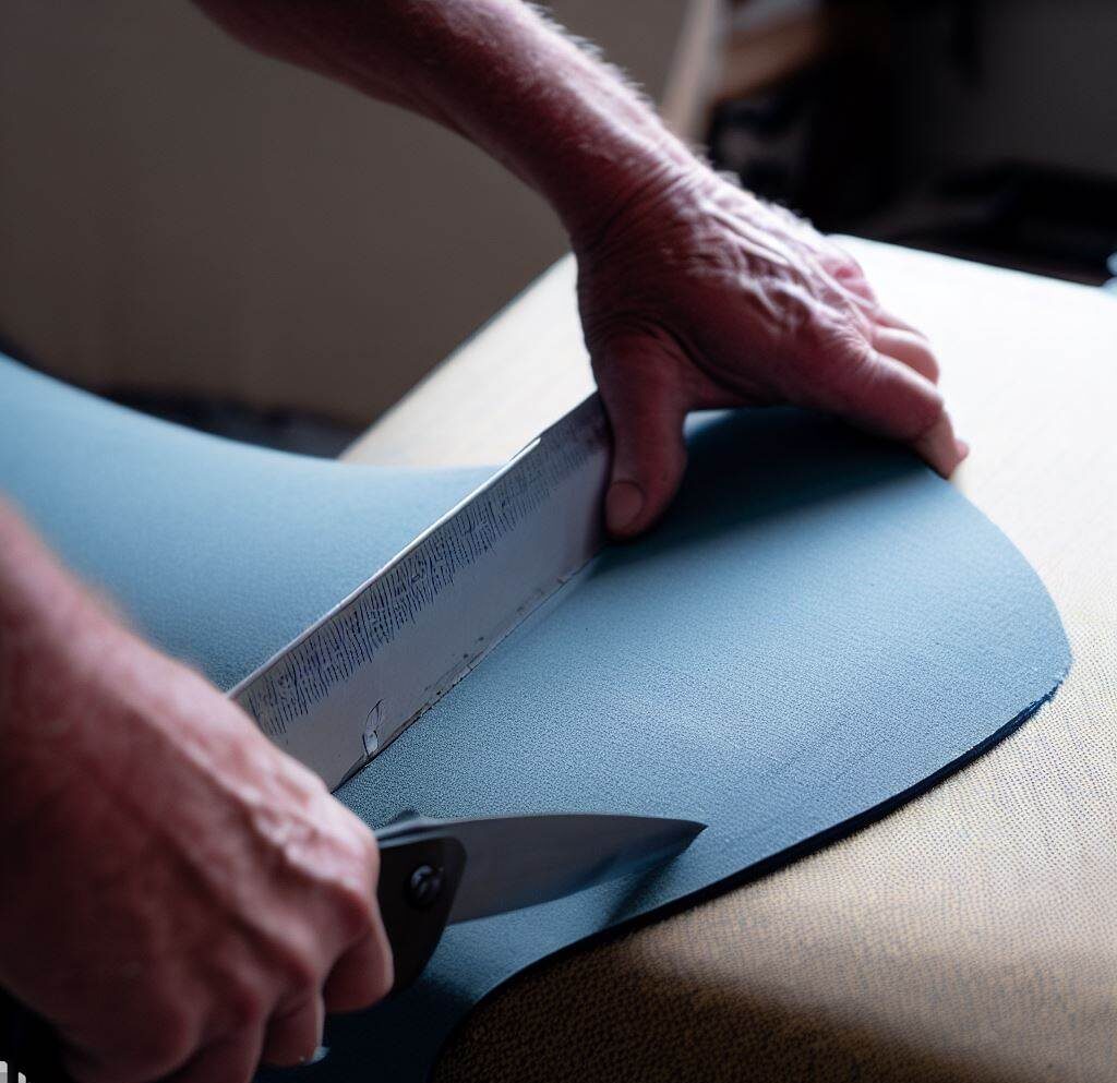 Cutting the New Fabric: An image showing the fabric being cut to the correct size using the seat cushion as a template.