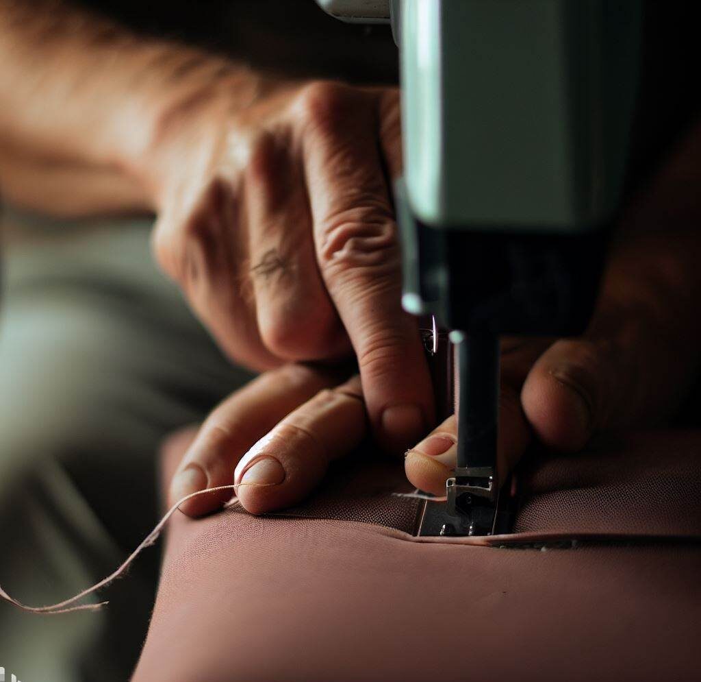 Attaching the Fabric: An image showing the fabric being attached to the seat cushion with a staple gun.