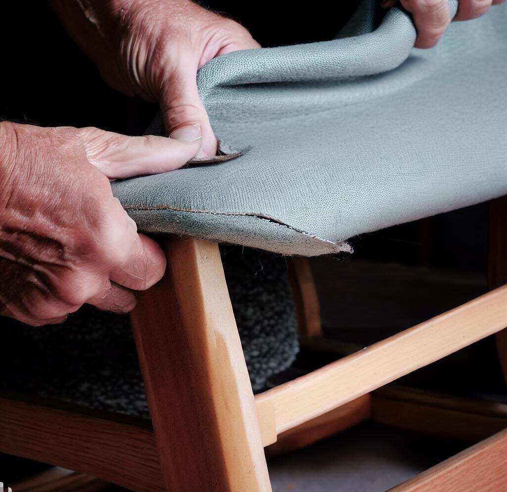  the reupholstered seat cushion being reattached to the chair frame.