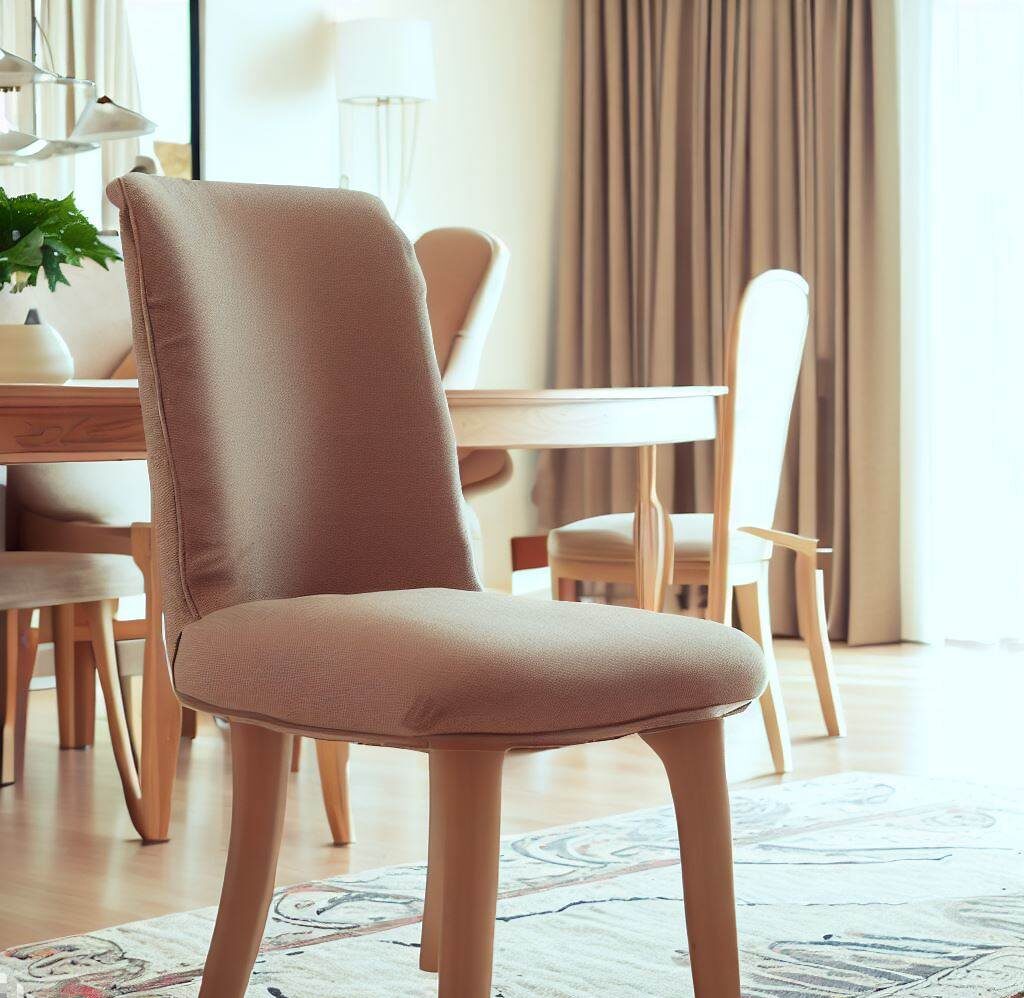  the newly reupholstered chair placed elegantly in a dining room setting