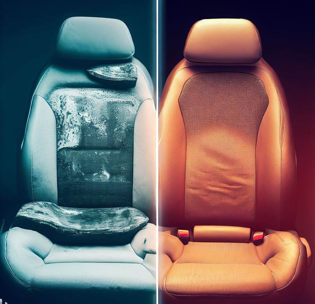 A split image showing a new car seat on one side and a worn-out car seat on the other. This image should illustrate the concept of wear and tear.