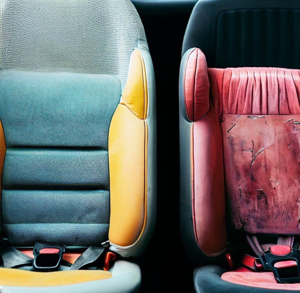 An image showing a side-by-side comparison of a new car seat and an old, worn-out car seat. The new car seat should look pristine, with vibrant colors and clean lines. The old car seat should show signs of wear and tear such as faded colors, frayed straps, and visible cracks in the plastic. The image should clearly illustrate the difference between a new and an old, worn-out car seat to highlight the effects of wear and tear over time.