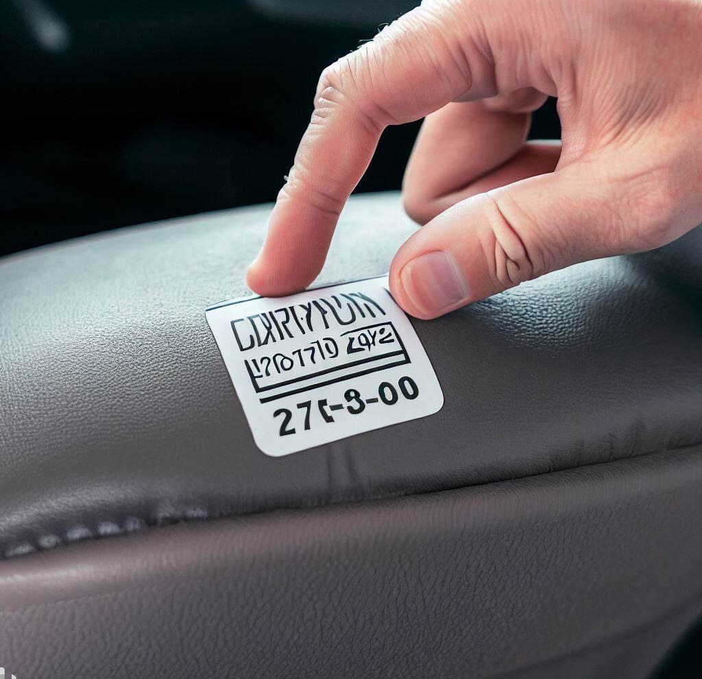 An image of a hand pointing to the expiration date label on a car seat.