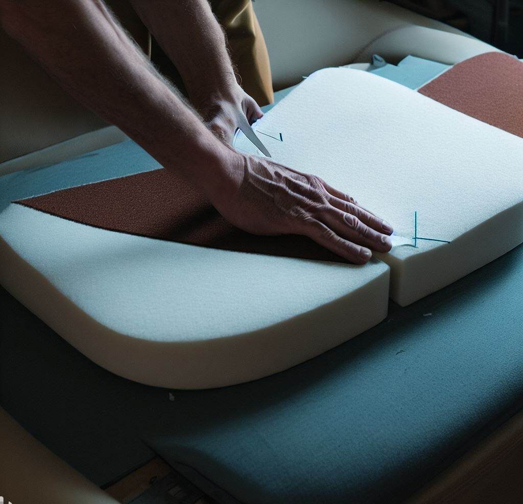 The foam being cut to the correct size using the seat cushion as a template