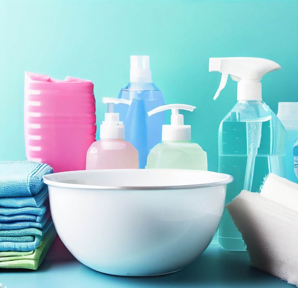 A collection of cleaning materials such as baby wipes, gentle soap, a mild disinfectant, and a bowl of fresh tap water.