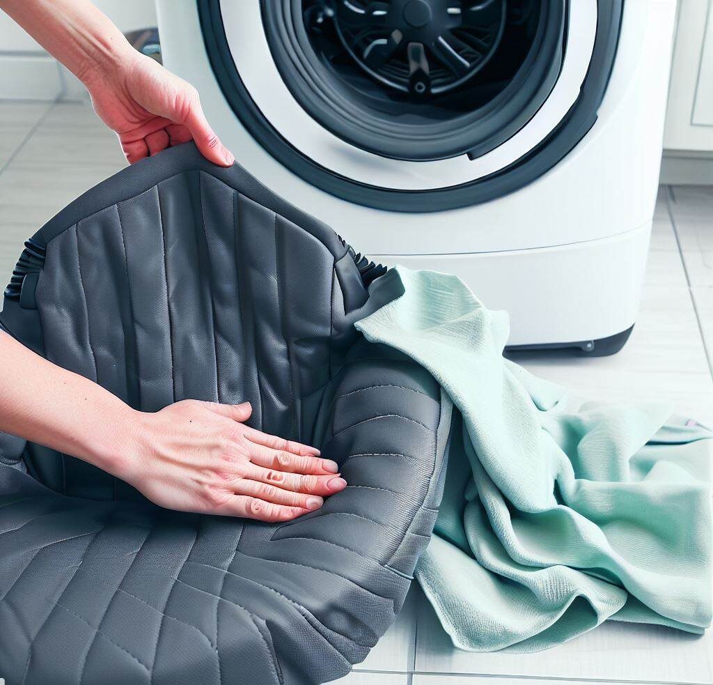 An image of the seat cover being removed, with a washing machine in the background for machine washable covers, and a basin with soapy water for hand washing.