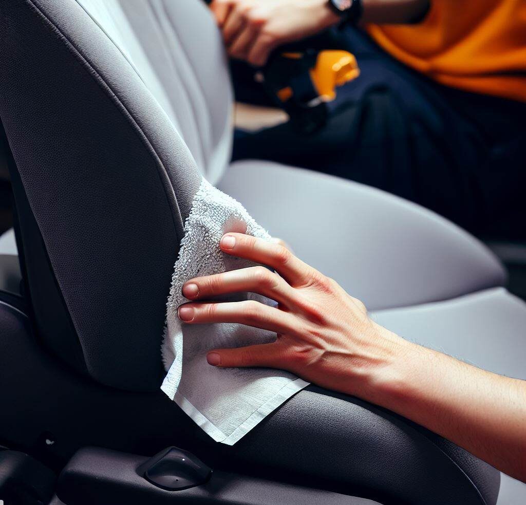 A visual of the seat body being cleaned, showcasing a person wiping it down with a damp cloth. A small vacuum cleaner can be seen in the background.