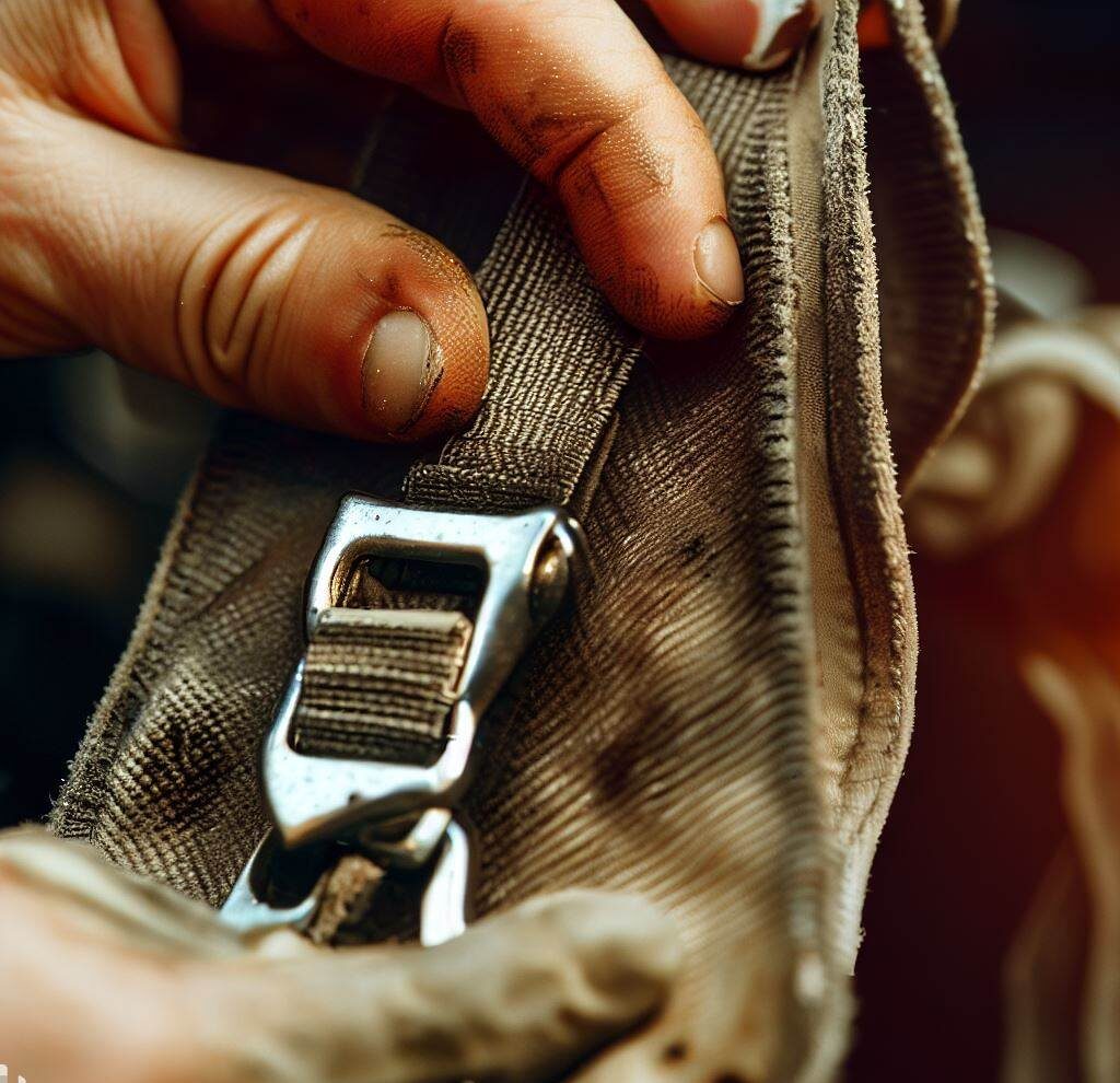 A close-up of the harness straps with visible stains, and a hand cleaning them with a cloth.